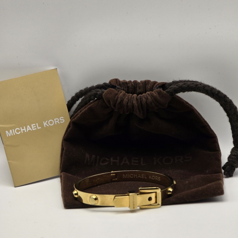 Michael Kors Astor Gold Tone Studded Buckle Hinge Bangle Bracelet w/ Dust Bag